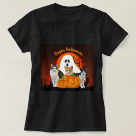 Camiseta Fantasma e Gatos do Halloween Spooky em Graveyard