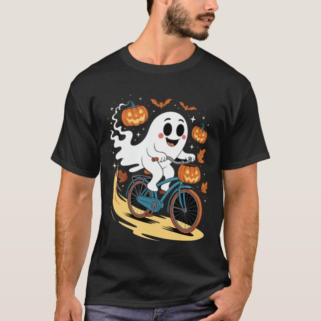 Camiseta Fantasma Engraçado Andando de Bicicleta no Hallowe (Frente)