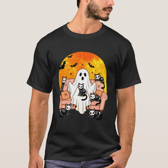 Camiseta Fantasma Engraçado com Gatos Esqueleto Raio-X Hall (Frente)