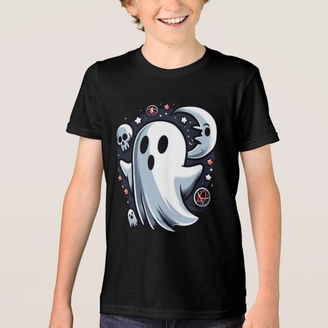 Camiseta Fantasma Etéreo com Lua e Caveiras Assustador Hall (Frente)
