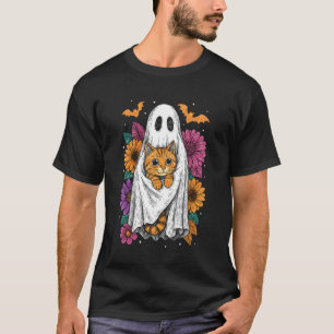 Camiseta Fantasma Floral Assustador Segurando Gato Preto Ha