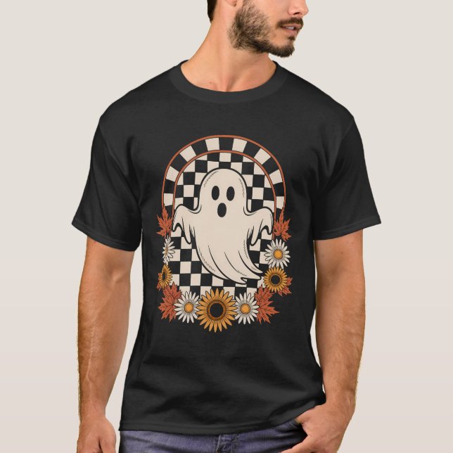 Camiseta Fantasma Floral Outono Boho Halloween (Frente)