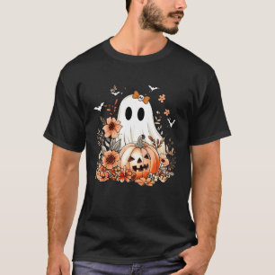 Camiseta Fantasma Floral Retro Abóbora Fofa Outono Hallowee
