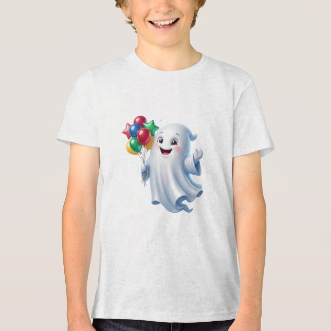 Camiseta Fantasma Flutuante Fofo com Balões de Halloween (Frente)