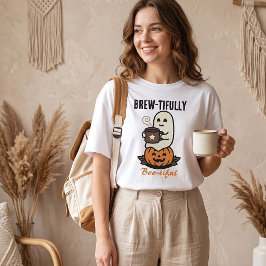 Camiseta Fantasma Fofo Bebendo Café Halloween