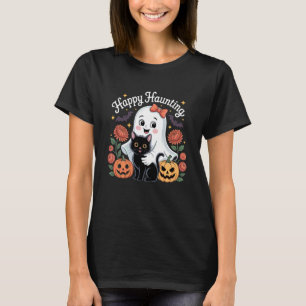 Camiseta Fantasma Fofo com Abóbora de Gato Preto Outono Ass