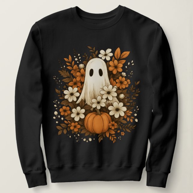 Camiseta Fantasma Fofo Com Abóbora E Flores De Outono – Hal (Frente do Design)