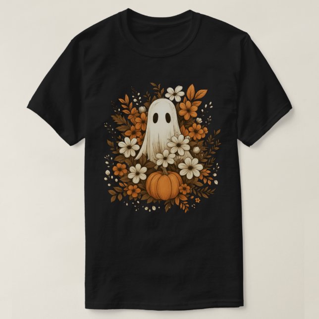 Camiseta Fantasma Fofo Com Abóbora E Flores De Outono – Hal (Frente do Design)