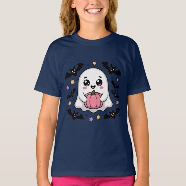 Camiseta Fantasma Fofo com Abóbora e Morcegos (Frente)