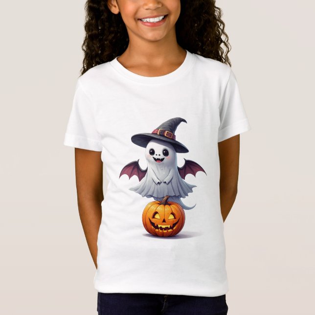 Camiseta Fantasma Fofo Com Abóbora Halloween 👻 (Frente)