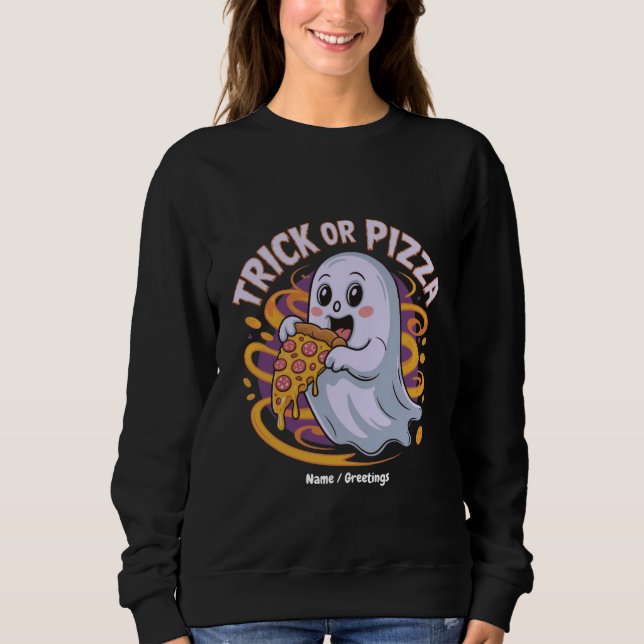 Camiseta Fantasma Fofo Comendo Pizza Diversão Assustadora T (Frente)