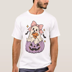 Camiseta Fantasma fofo de Halloween com laço rosa e abóbora