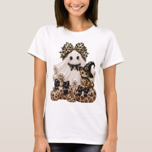 Camiseta Fantasma Fofo e Gato Preto Halloween Leopardo Abób