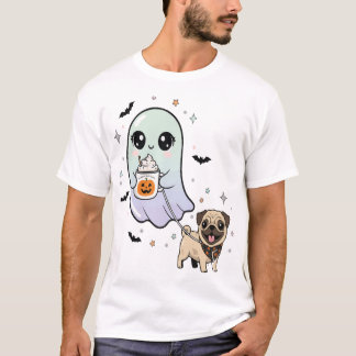 Camiseta Fantasma Fofo Passeando Cachorro Pug Café Fantasia