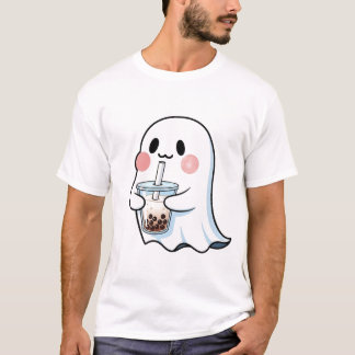 Camiseta Fantasma Fofo Segurando Chá de Bolhas Boba Tea Kaw