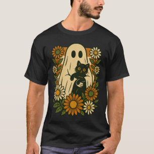 Camiseta Fantasma Fofo Segurando Gato Preto Floral Groovy D