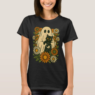 Camiseta Fantasma Fofo Segurando Gato Preto Floral Groovy D