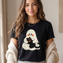 Camiseta Fantasma Fofo Segurando Gato Preto no Halloween