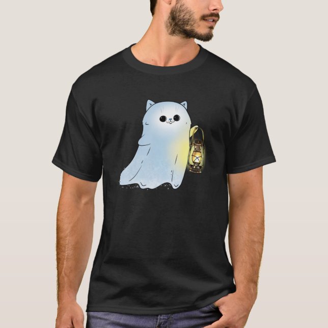 Camiseta Fantasma Gato Bonito Com Lanterna Spook Hallowee (Frente)