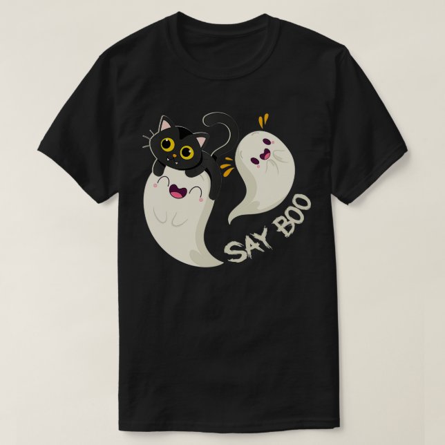 Camiseta Fantasma Gato Engraçado Diz Boo Halloween (Frente do Design)