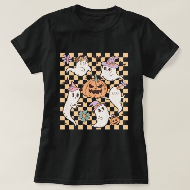 Camiseta Fantasma Ghost Pumpkin Retro Halloween (Frente do Design)
