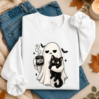Camiseta Fantasma Infeliz Segurando Gato Preto