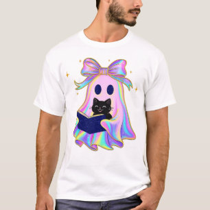 Camiseta Fantasma iridescente com um livro e um gato preto