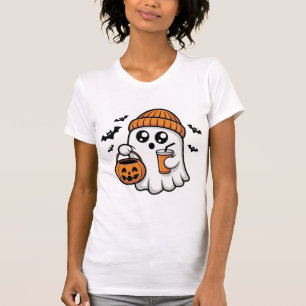 Camiseta Fantasma Kawaii de Halloween Laranja Boina Espírit