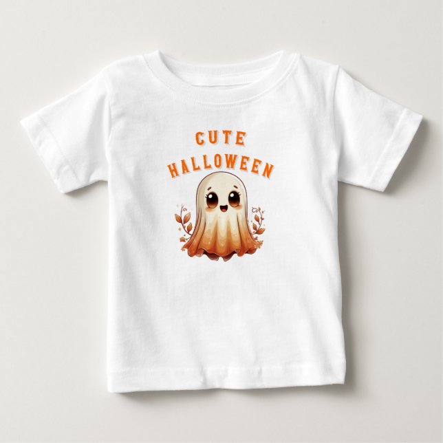 Camiseta Fantasma Kawaii Fofo Com Folhas de Outono Hallowee (Frente)