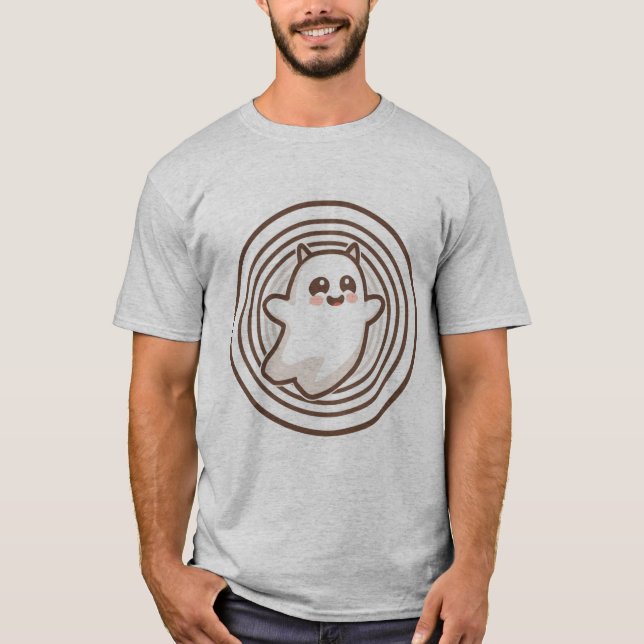 Camiseta Fantasma Kawaii Fofo com Fundo de Círculos Concênt (Frente)