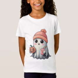 Camiseta Fantasma Kawaii segurando abóbora e bebida