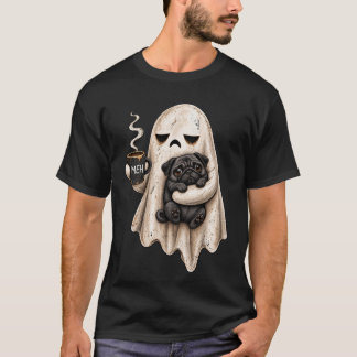 Camiseta Fantasma Mal-Humorado Segurando Cachorro Pug Preto