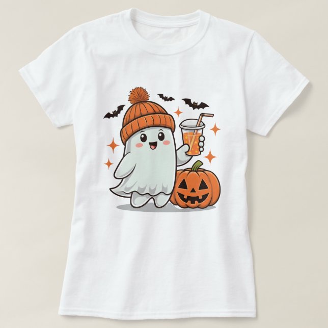 Camiseta Fantasma, Morcegos, Abóbora E Bebida, Feliz Hallow (Frente do Design)