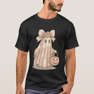 Camiseta Fantasma Pastel Fofo com Balde de Abóbora de Laço 