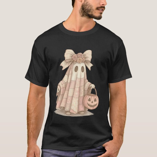 Camiseta Fantasma Pastel Fofo com Balde de Abóbora de Laço  (Frente)
