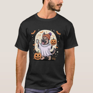 Camiseta Fantasma Pastor Alemão Abóbora Drinks Beanie Outon