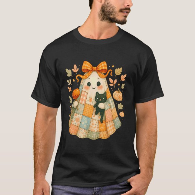 Camiseta Fantasma Remendado com Gato e Maçã do Amor (Frente)