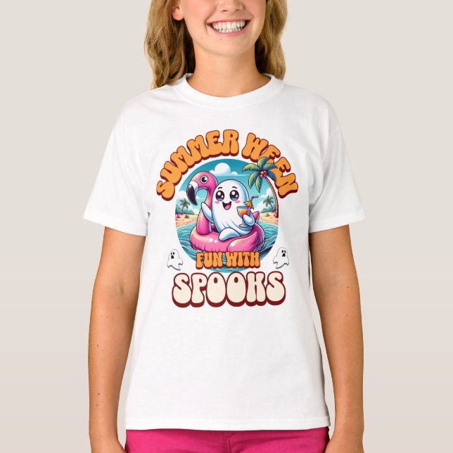 Camiseta Fantasma Rosa Kawaii Flamingo Flutuador Summerween (Frente)
