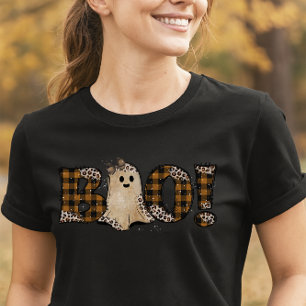 Camiseta Fantasma Rústico Boo Leopardo e Xadrez Halloween