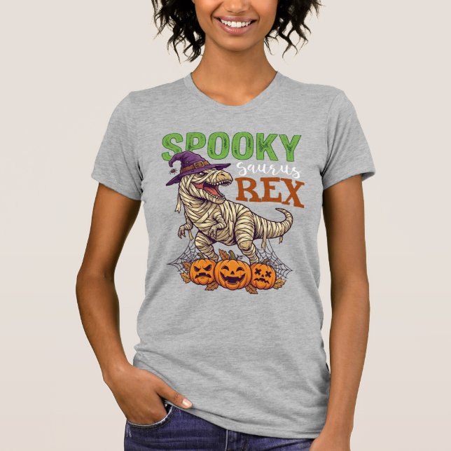 Camiseta Fantasma Saurus Rex Múmia Dinossauro Bruxa Chapéu  (Frente)