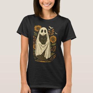 Camiseta Fantasma Vintage com Arte Negra de Gato