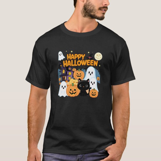 Camiseta Fantasmas, Abóboras, Gatos Pretos Assustadores de  (Frente)