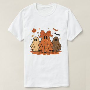 Camiseta Fantasmas Fofos de Outono Padrão de Abóbora Laço L