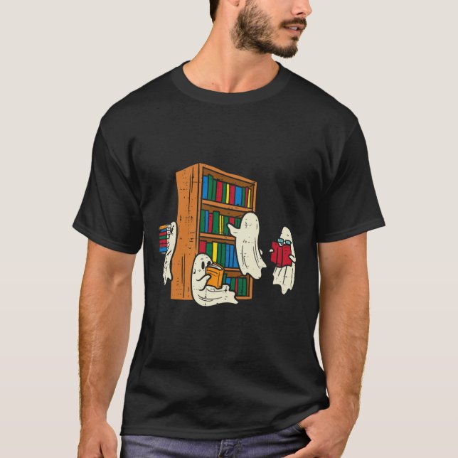 Camiseta Fantasmas Lendo Livros Professor Halloween Bibliot (Frente)