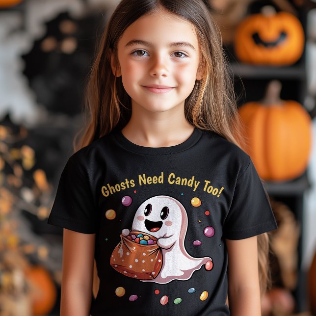 Camiseta Fantasmas Precisam De Doces Também! Garota Hallowe (Ghosts Need Candy Too! Halloween Boy Girl T-Shirt)