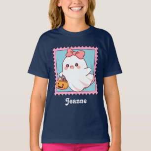 Camiseta Fantasminha de Halloween Rosa com Laço Coquette pa
