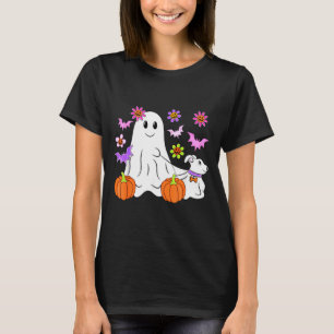 Camiseta Fantasminha Fofo Passeando Cachorro Floral Abóbora