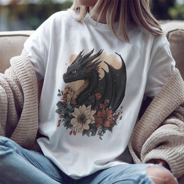 Camiseta Fantasy Black Dragon & Floral Art T Shirt (Criador carregado)