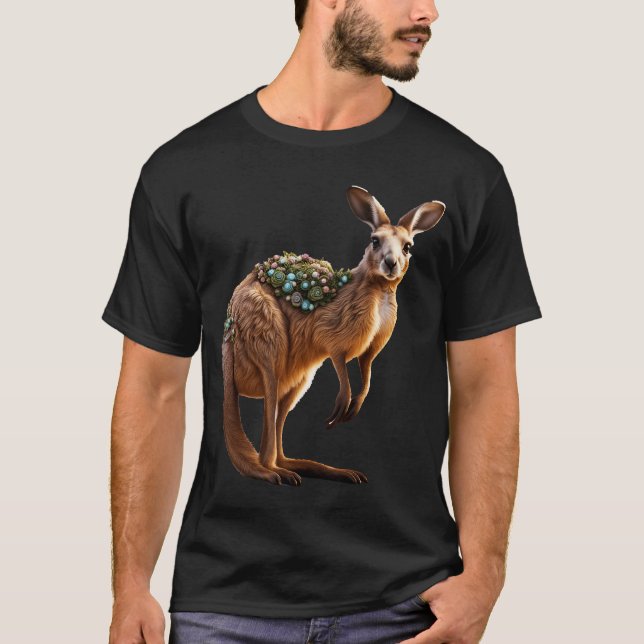 Camiseta Fantasy Cute Vivid Kangaroo Portrait Flowers (Frente)