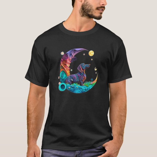 Camiseta Fantasy Dachshund Dog Cute Crescent Moon Paper Art (Frente)